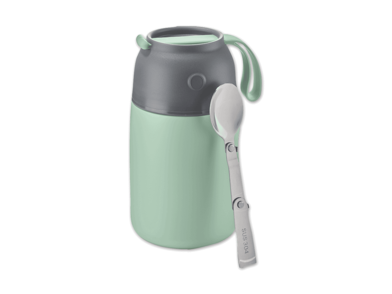 Thermobehälter in Mintgrün und Grau mit einem faltbaren Löffel aus Edelstahl.