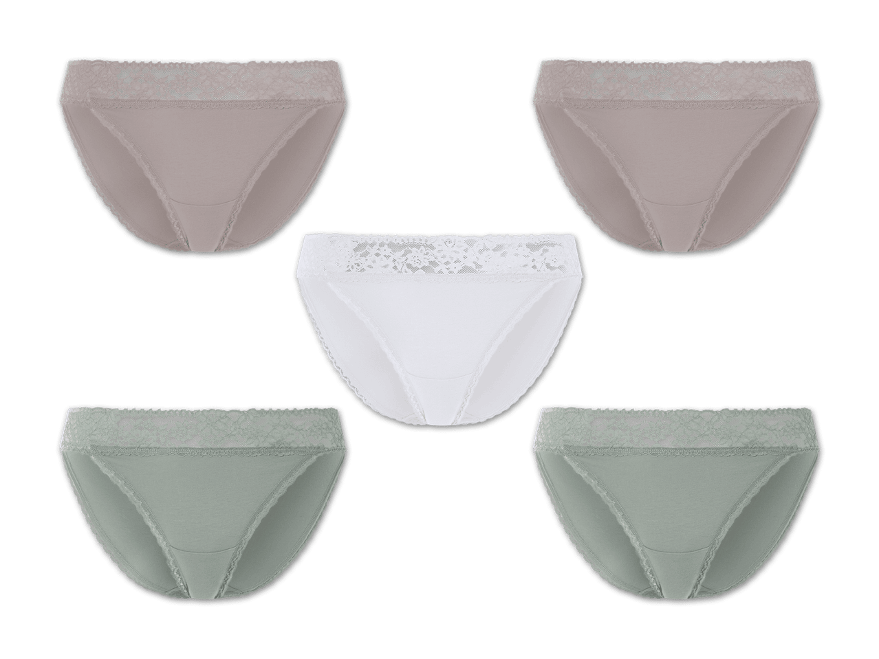 Fünf Damen-Slips mit Spitze in verschiedenen Farben.
