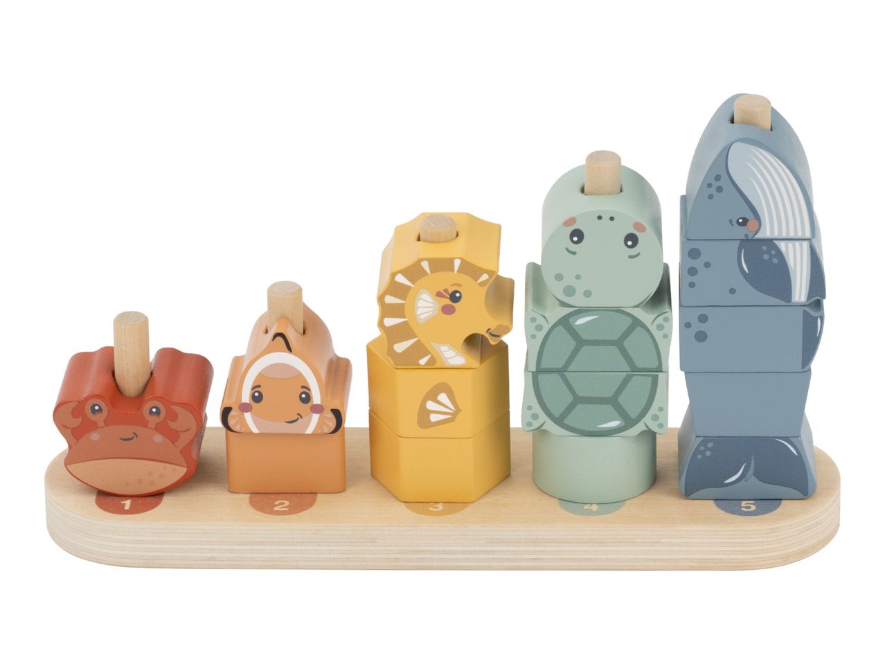 Wooden stacking toy with five sea animals: crab, clownfish, seahorse, turtle, and whale.
