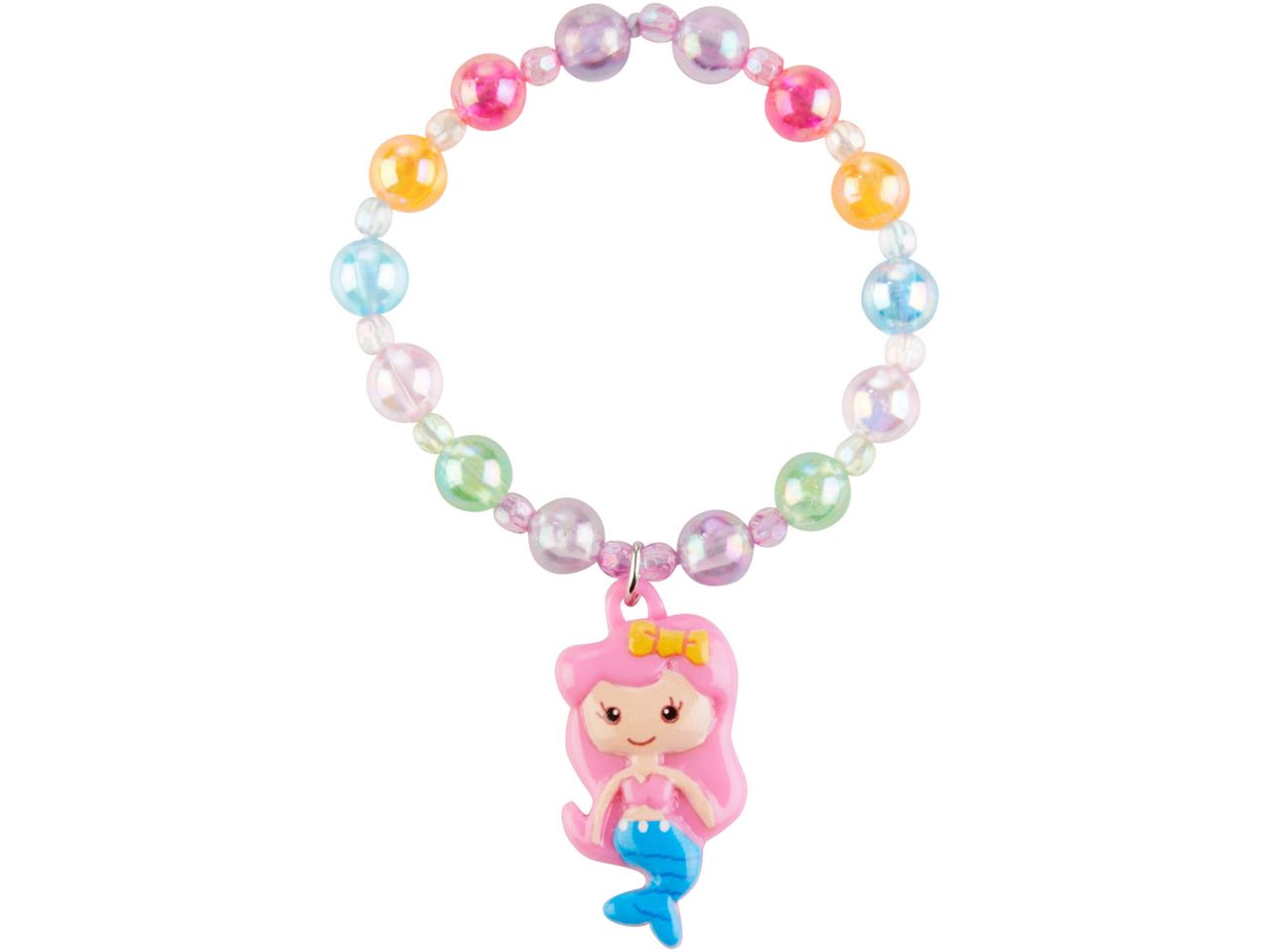 A colorful beaded bracelet with a pink mermaid charm.