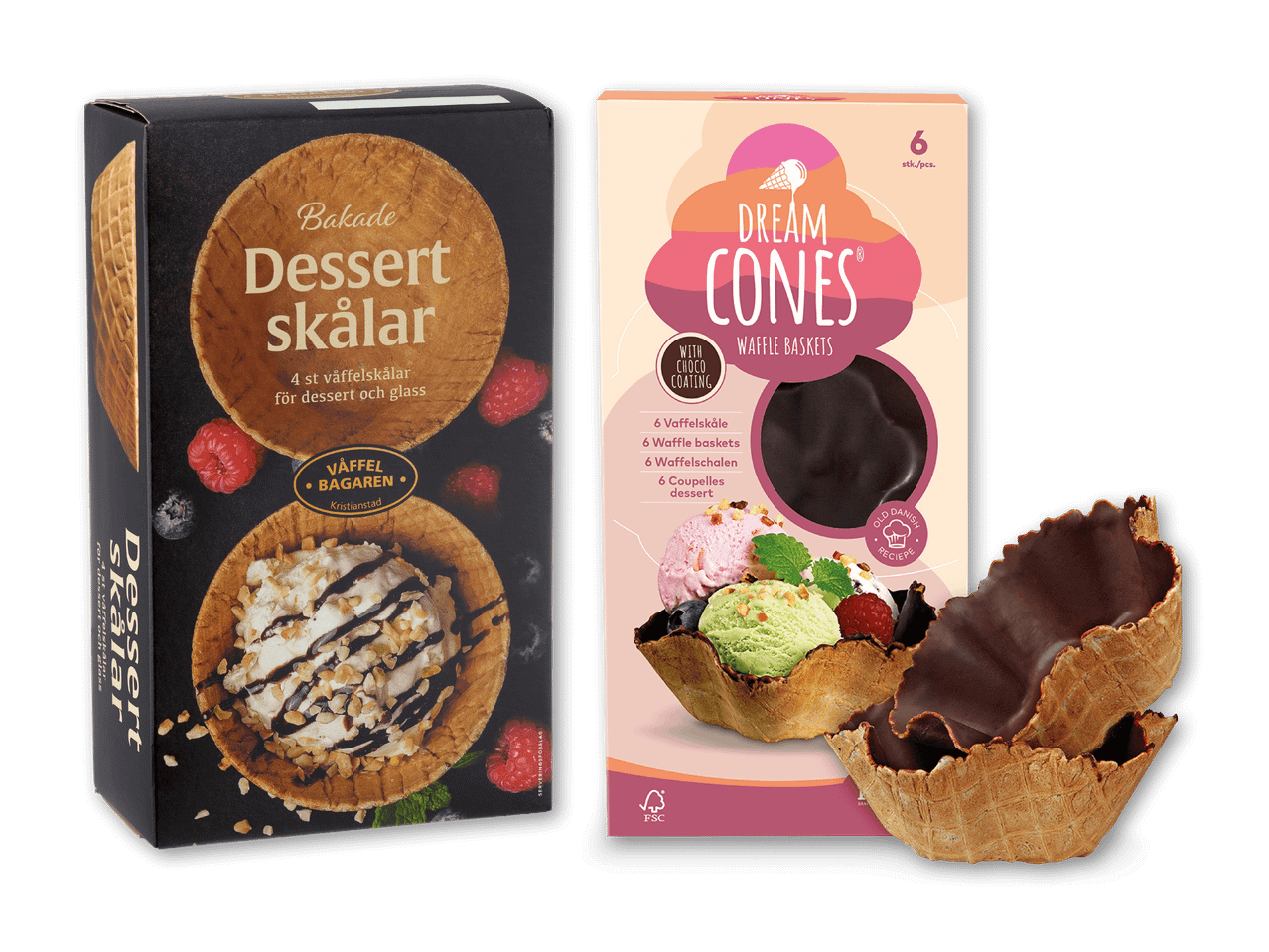To pakker med vaffelskåle til dessert, den ene med chokoladeovertræk.