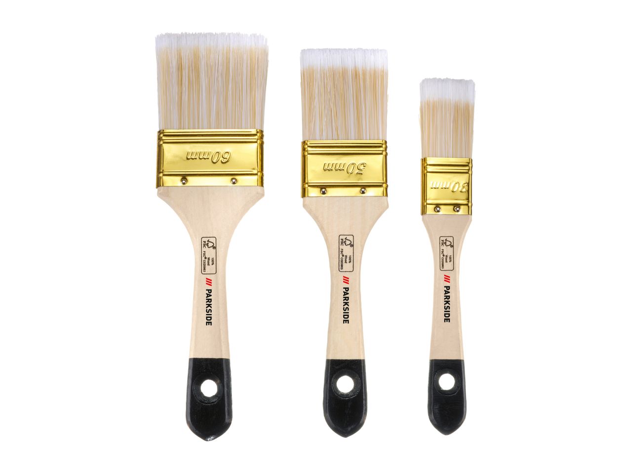 Three paintbrushes of varying sizes (60mm, 50mm, 30mm) with wooden handles and white bristles.