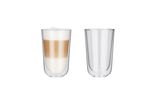 Due bicchieri di vetro a doppia parete, uno con un cappuccino e l'altro vuoto.