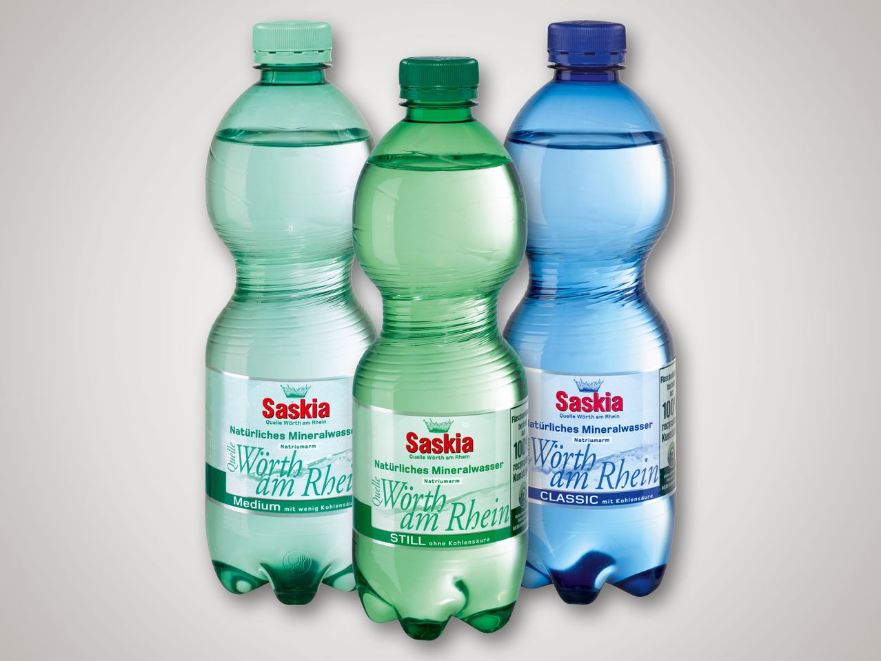 Saskia Mineralwasserflaschen: Classic, Still und Medium.