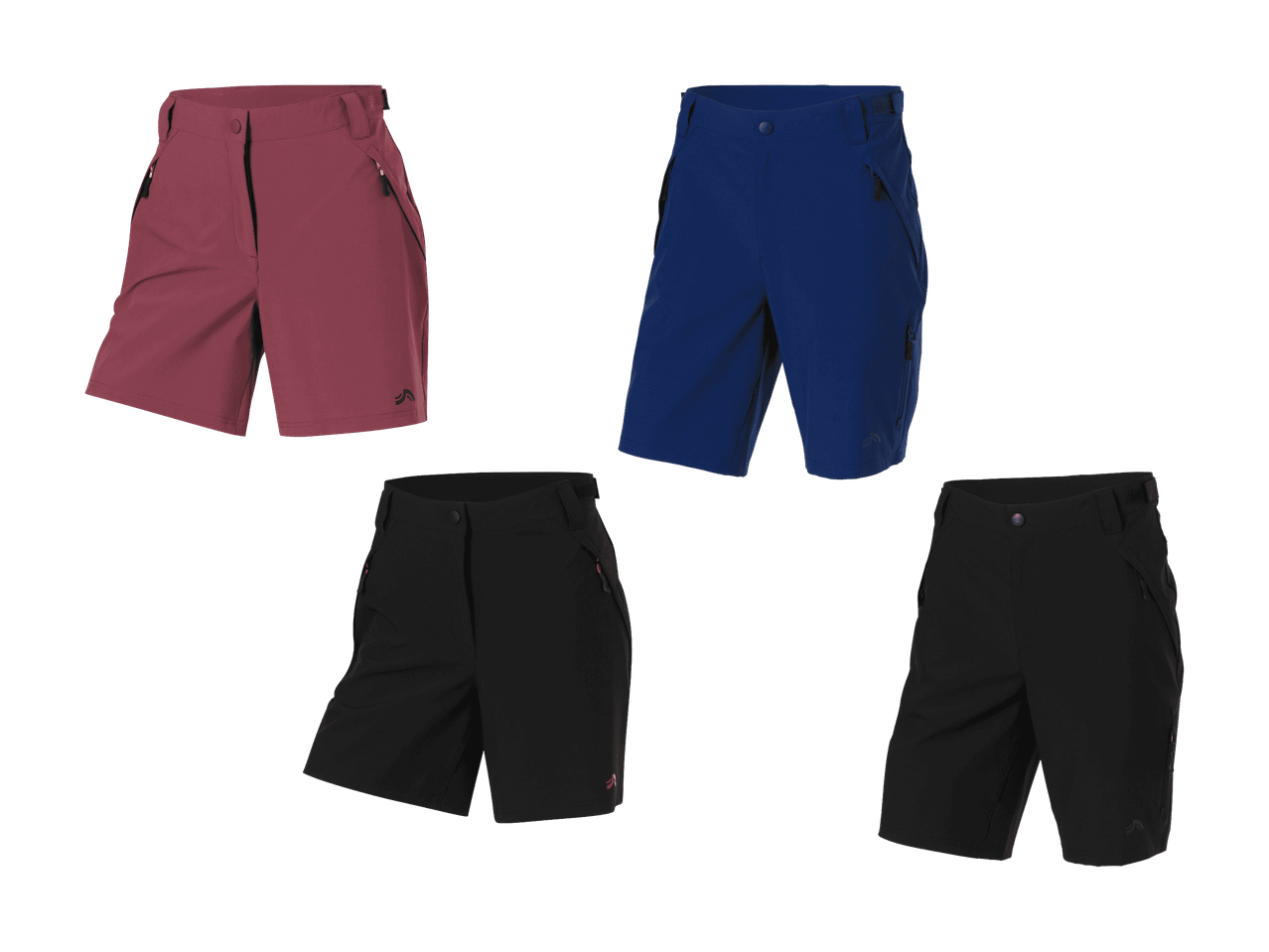 Vier Radhosen in Rot, Blau und Schwarz, wobei zwei schwarze Paare abgebildet sind.