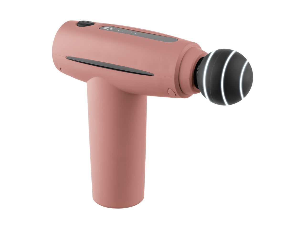 Pink massage gun with a black spherical attachment and illuminated rings