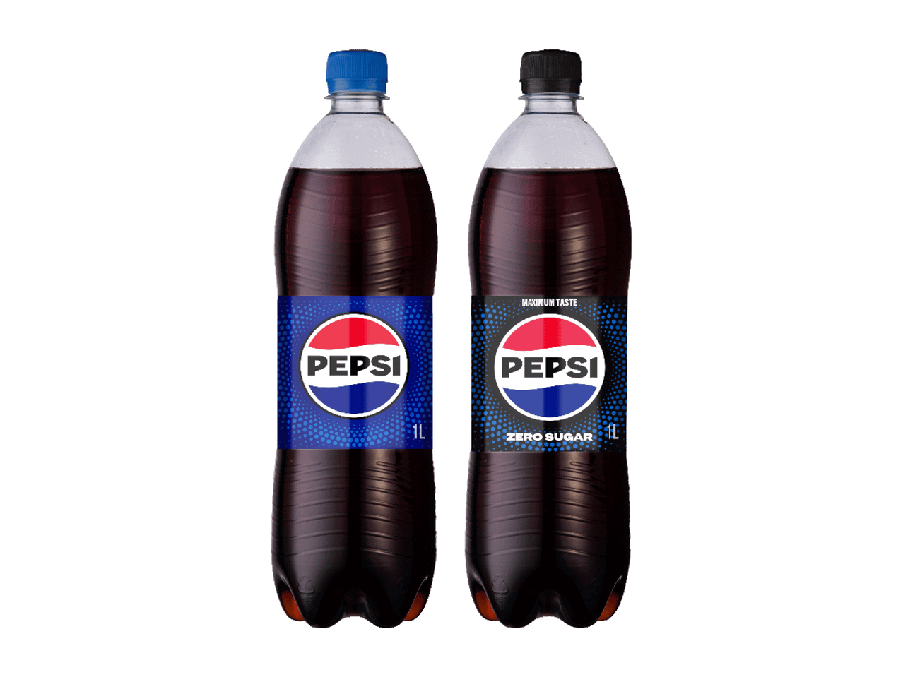 Kaks liitrist pudelit tumedat gaseeritud jooki, üks sinise korgi ja etiketiga, teine musta korgi ja sildiga „ZERO SUGAR“.