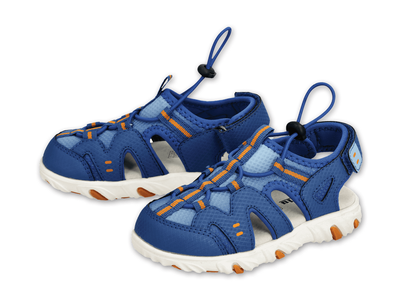 Ein Paar blaue Kindersandalen mit orangefarbenen Akzenten und weißer Sohle.