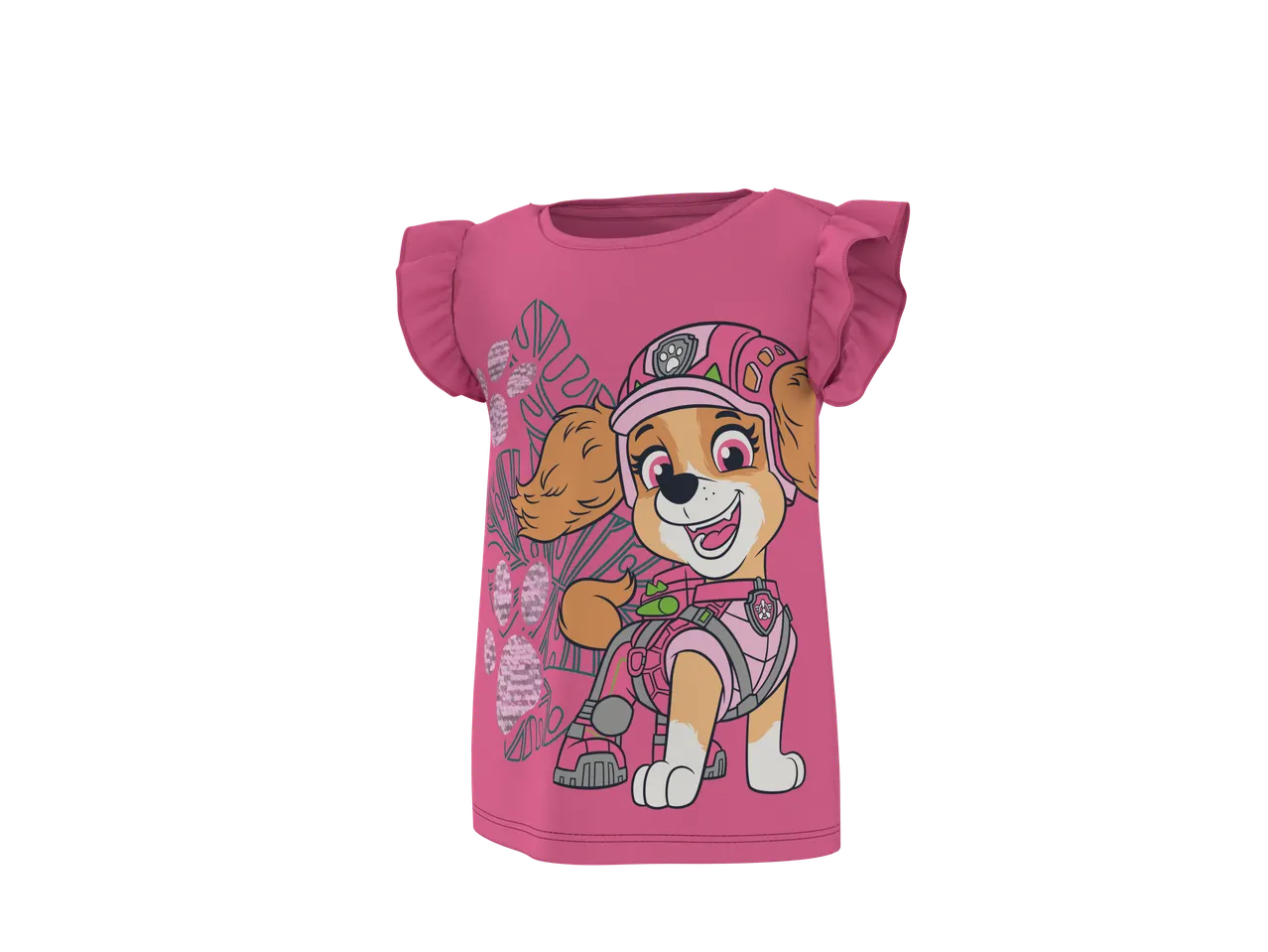 T-shirt rosa de menina com imagem de cão e folhas tropicais