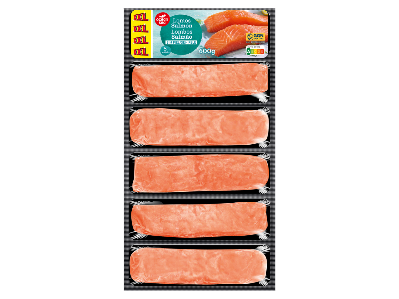 Cinco filetes de salmão Ocean Sea sem pele, 600g.