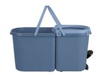 A blue plastic spin mop bucket with a wringer and handle.