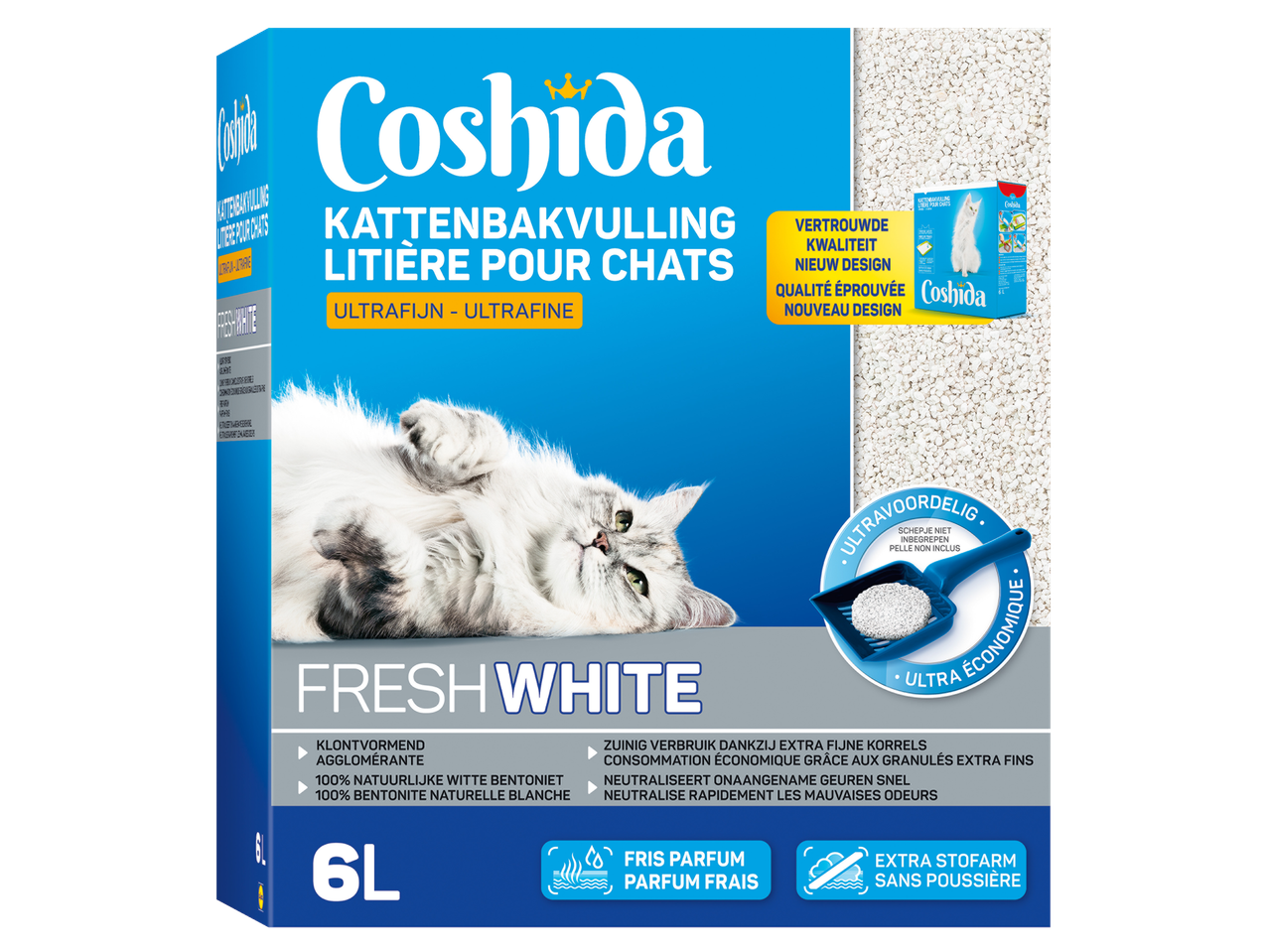 Litière pour chats Coshida Fresh White avec un chat et une pelle de litière.