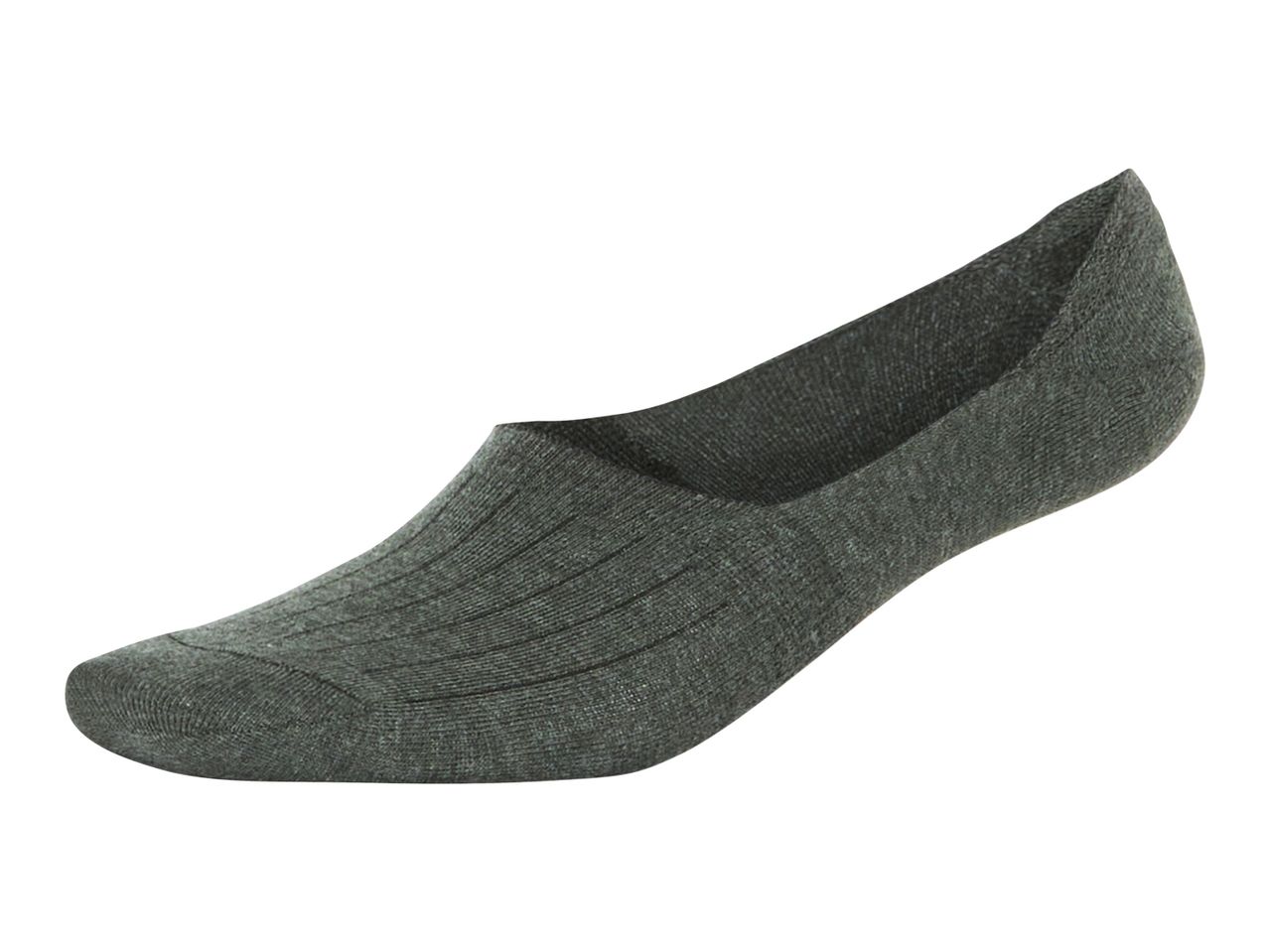 A pair of dark gray no-show socks.