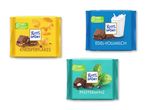 Tre Ritter Sport chokoladebarer: Knusperflakes, Edel-Vollmilch og Pfefferminz.