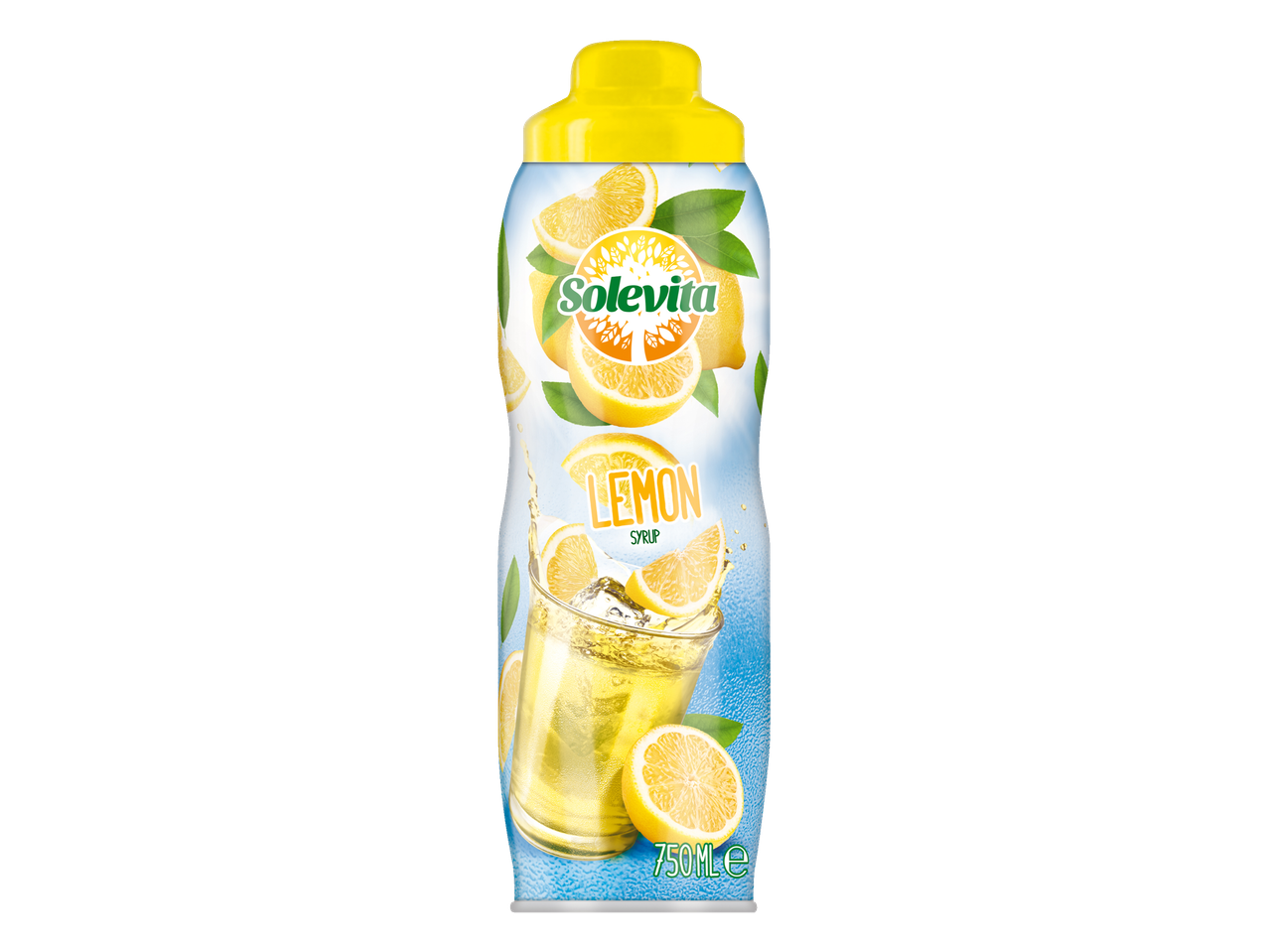 Bouteille de sirop de citron Solevita avec des citrons et un verre de limonade.