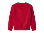Back view of a plain red long-sleeved sweatshirt with ribbed cuffs and hem.