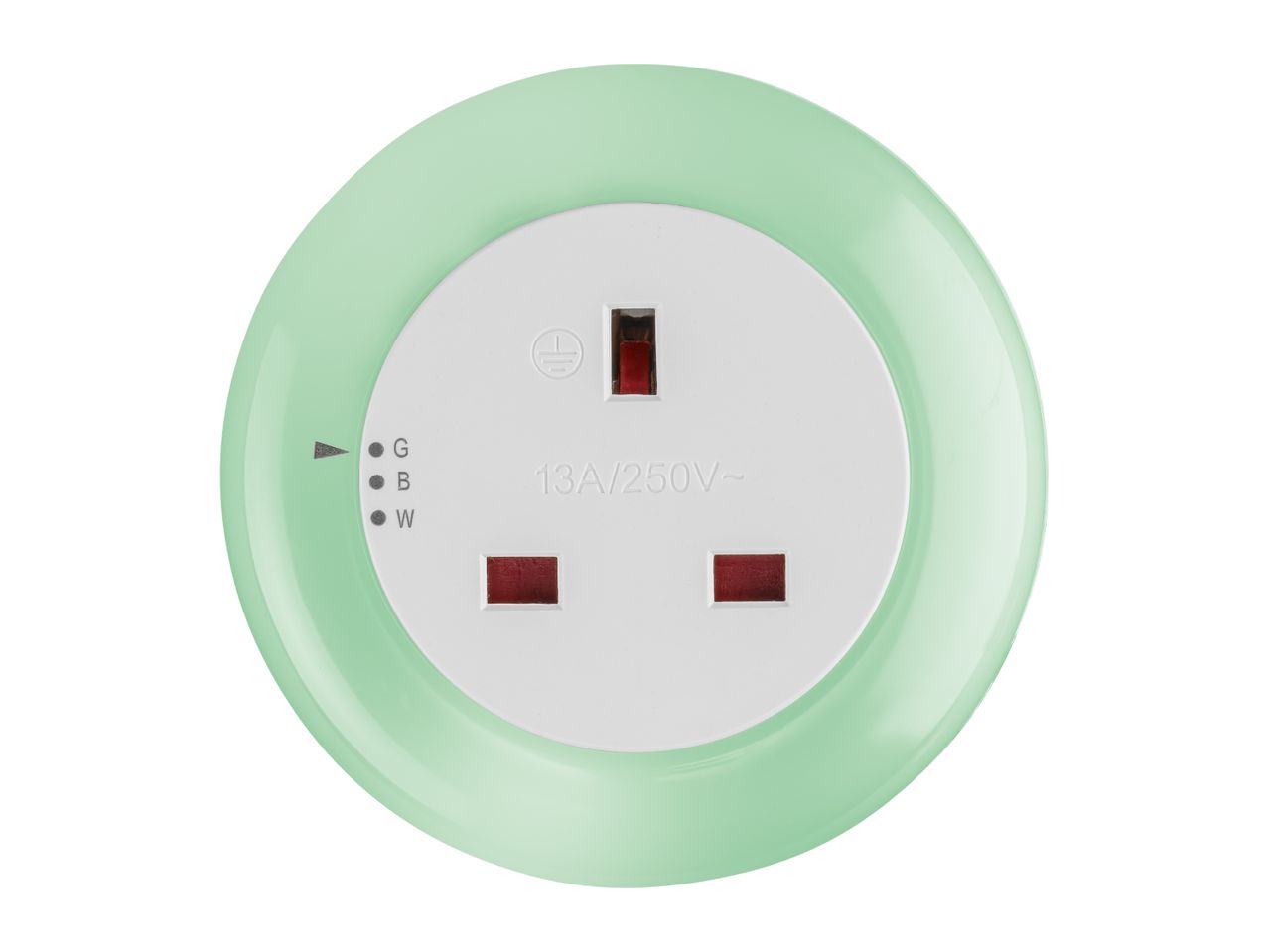 A green and white circular electrical outlet with three rectangular slots.