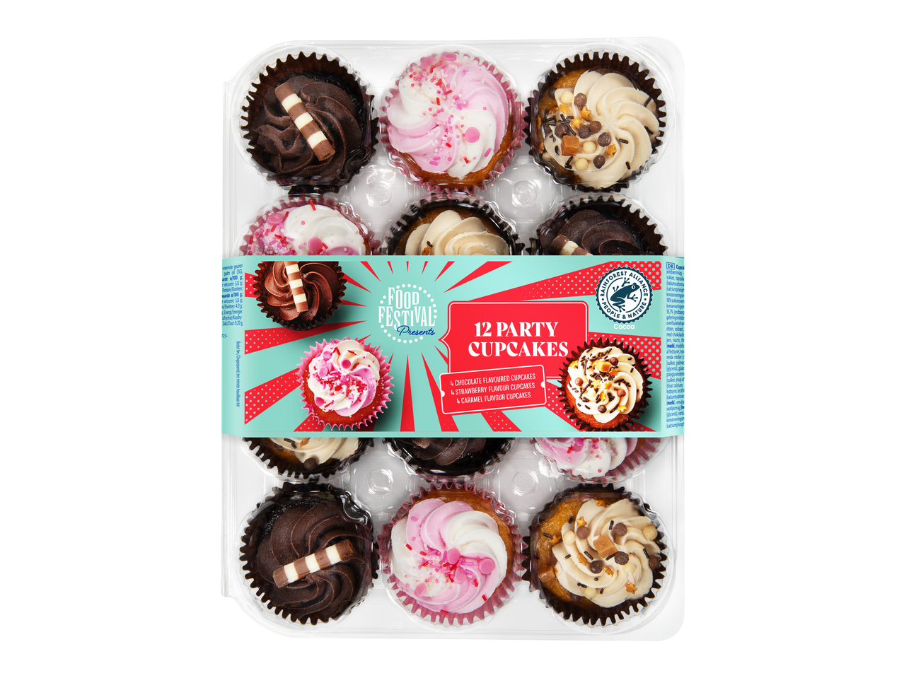 12 Party Cupcakes in chocolade-, aardbei- en karamelsmaak in een plastic verpakking.
