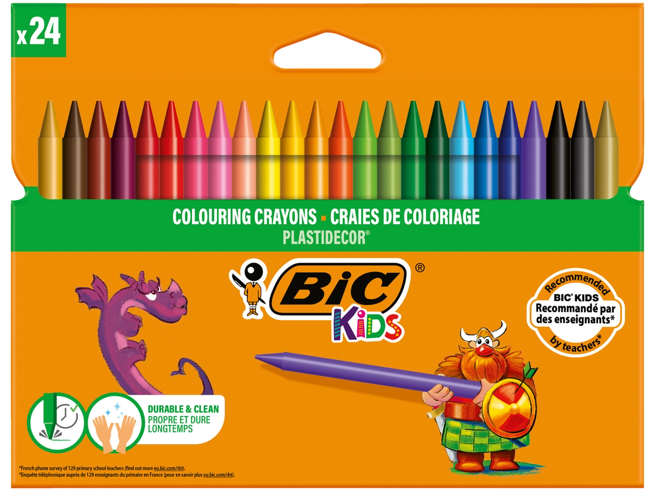 A pack of 24 colouring crayons with a dragon and a viking character, recommended by teachers.