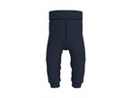 Dark blue baby trousers with a wide, elastic waistband and cuffed ankles.