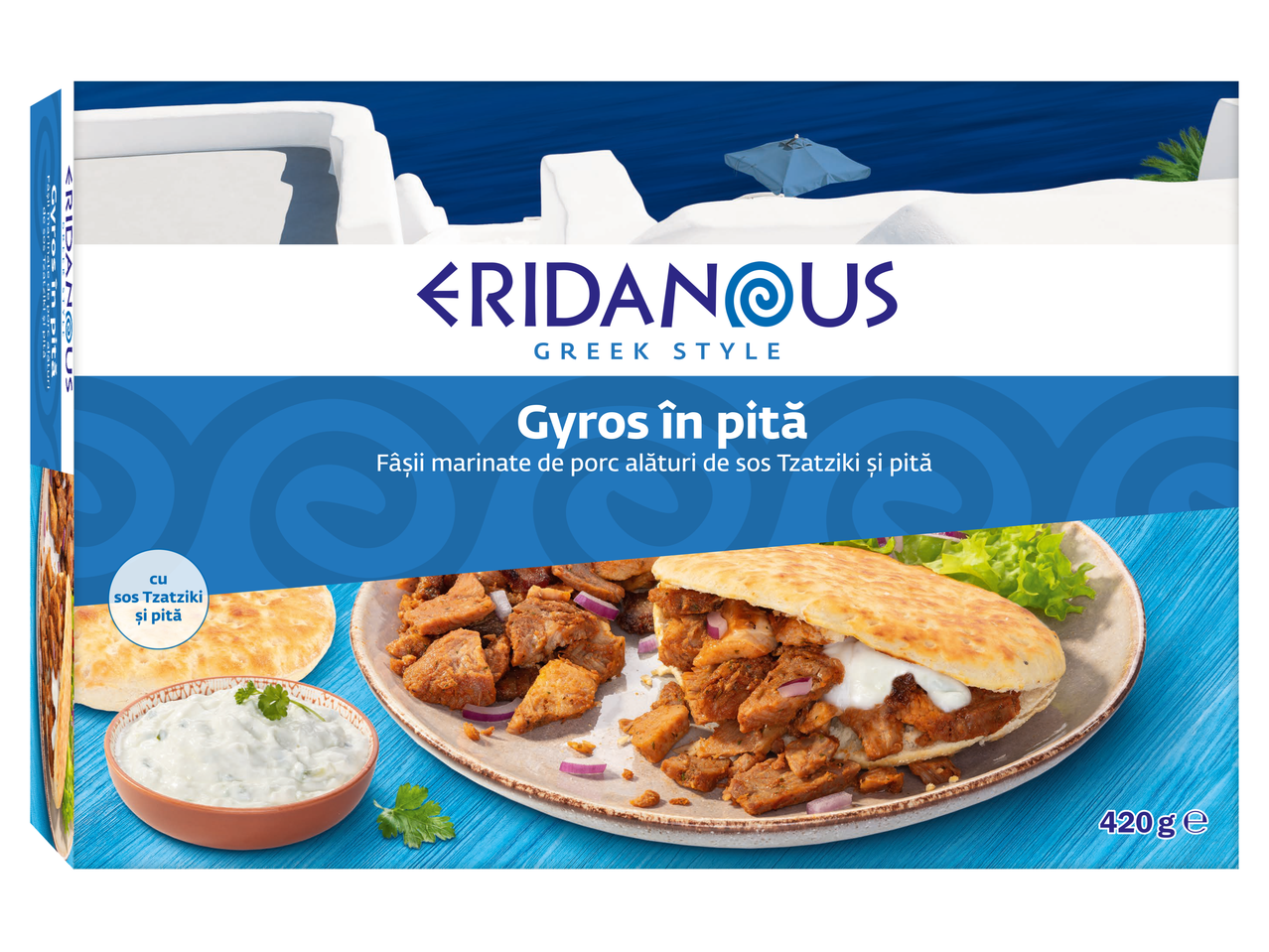 Eridanus Gyros în pită cu sos tzatziki: carne la grătar, pâine pita și sos.
