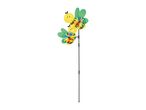Two bee-shaped garden pinwheels with colorful spinners on a black pole.