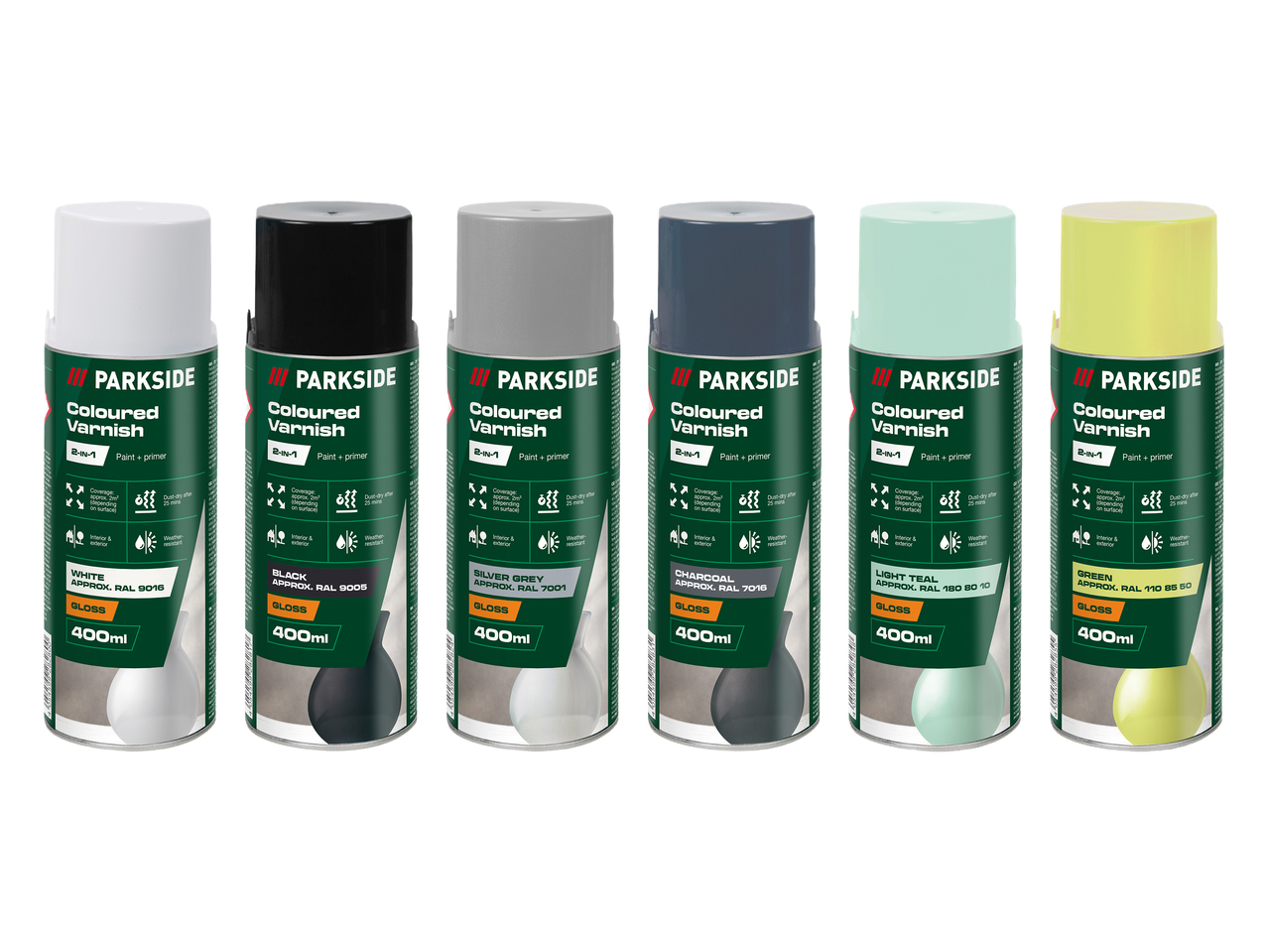 Šest limenki laka u spreju u boji, uključujući bijelu, crnu, srebrno sivu, ugljen, svijetlu tirkiznu i zelenu.