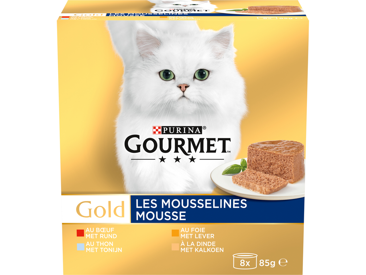 Nourriture pour chat Purina Gourmet Gold Mousse aux saveurs bœuf, thon, foie et dinde.