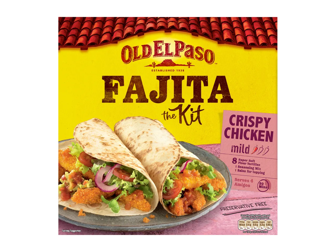 Fajita kit with crispy chicken, tortillas, seasoning, and salsa.
