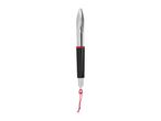 Stainless steel barbecue tongs with black handles and a red hanging loop.
