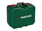 Green tool case with red latches and a black handle, featuring a textured surface.