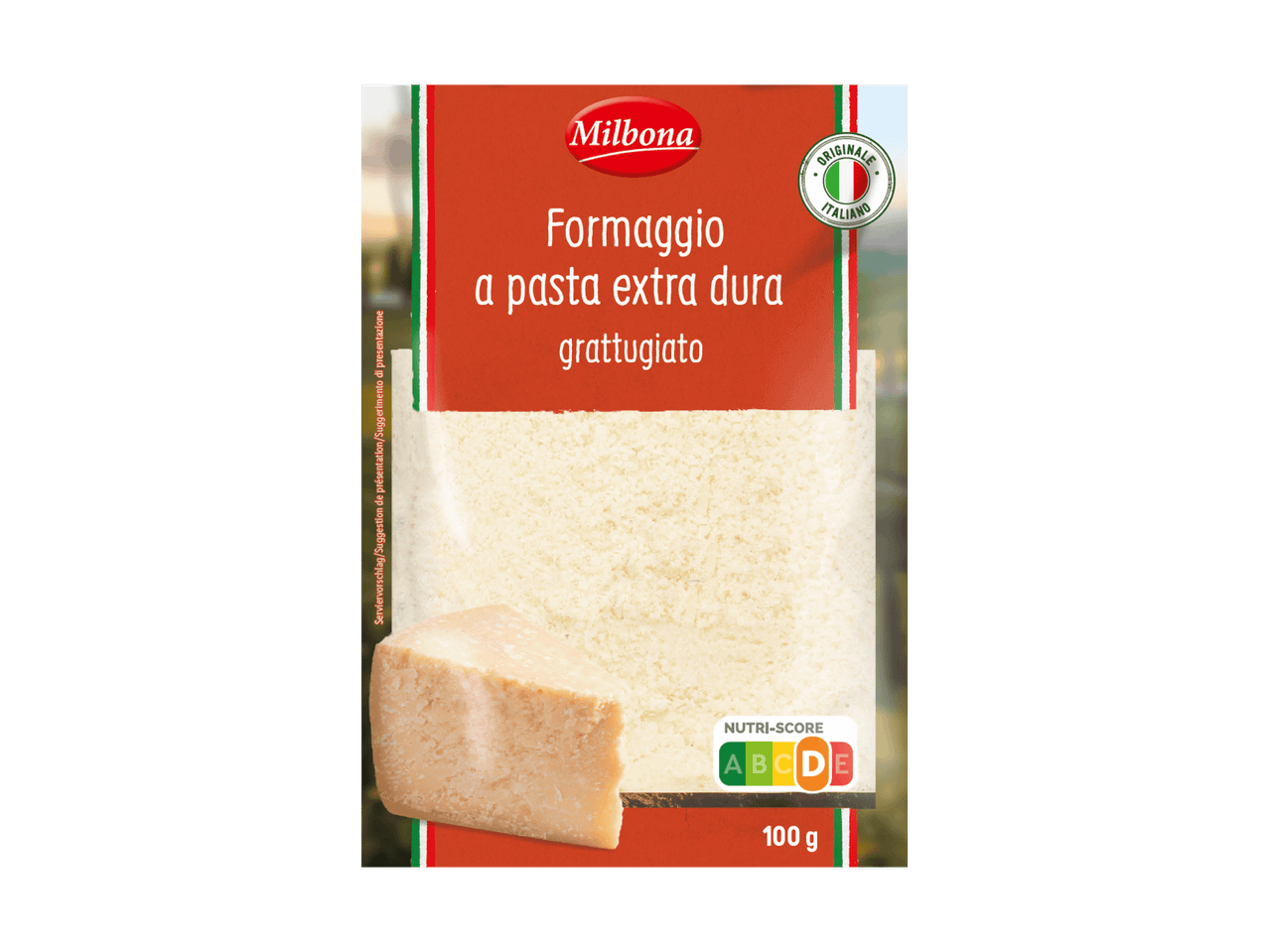 Milbona geriebener Hartkäse mit Nutri-Score D und italienischem Siegel, 100g Packung.
