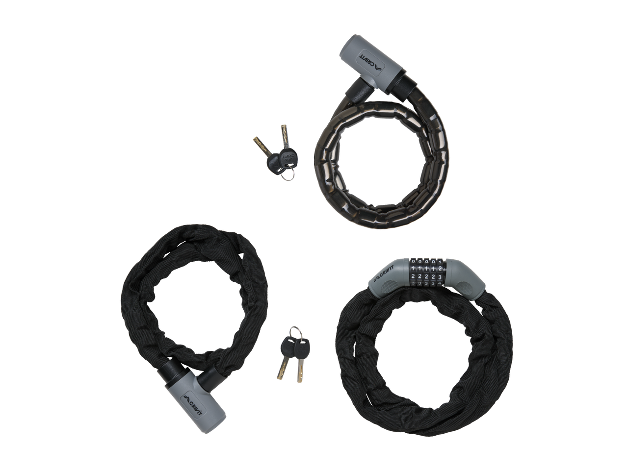 Tri ključavnice za kolo: dve s ključem in ena s kombinacijo, vse s črno verigo.