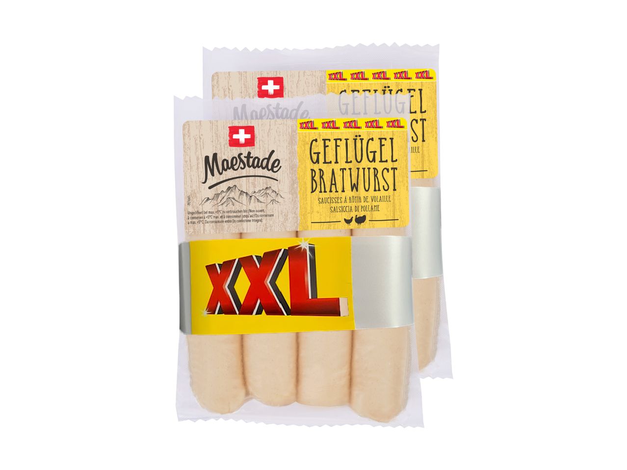 Zwei Packungen Maestade XXL Geflügelbratwürste zum Braten.