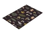 Dark brown doormat with a pattern of green ferns, brown mushrooms, and autumn leaves.