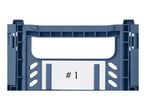 Blue foldable storage crate with a white label displaying '#1'.
