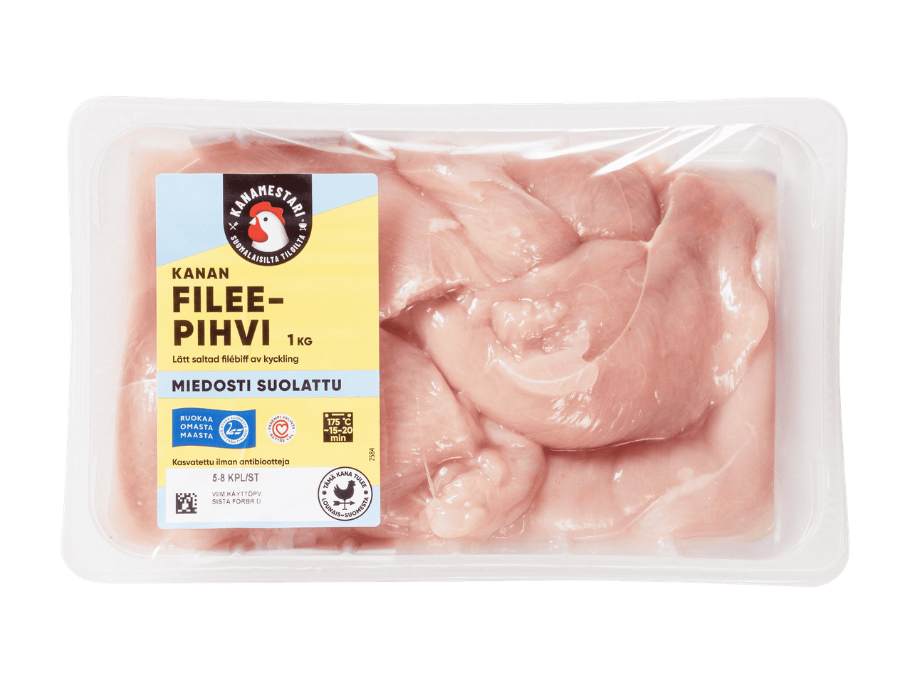 Pakkaus kanan fileepihvejä, 1 kg, miedosti suolattu, kasvatettu ilman antibiootteja.