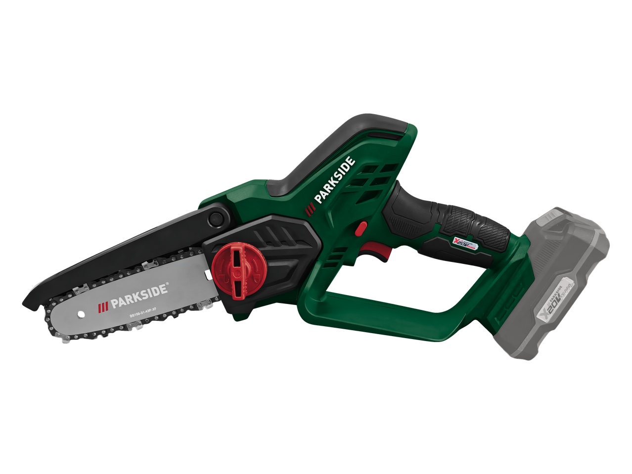 Parkside® 20 V akumuliatorinis genėtuvas su grandine ir baterija.