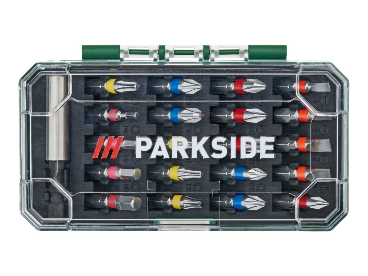 PARKSIDE screwdriver bit set in a clear plastic case with various colored bits