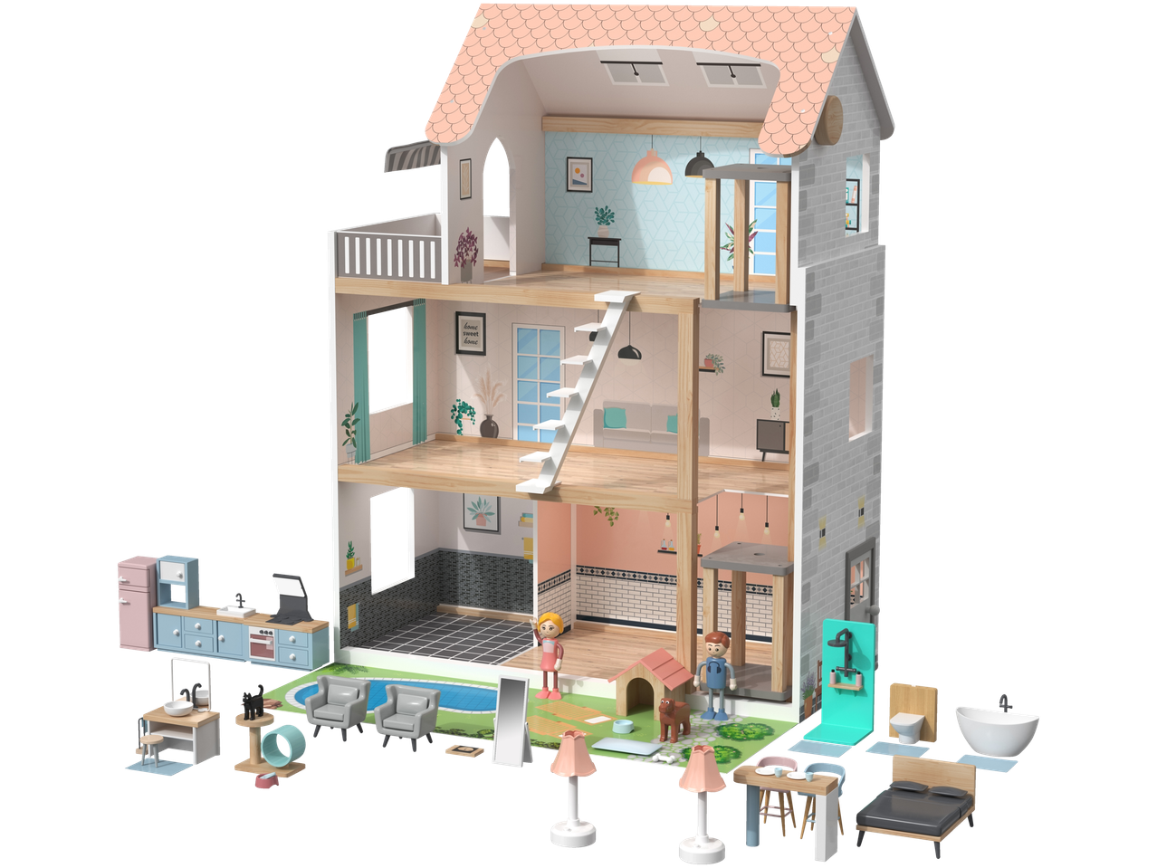 LUPILU® drvena kućica za lutke od 54 dijela s namještajem i figuricama.