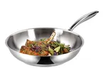 Stainless steel frying pan with cooked lamb chops, mushrooms, and herbs.