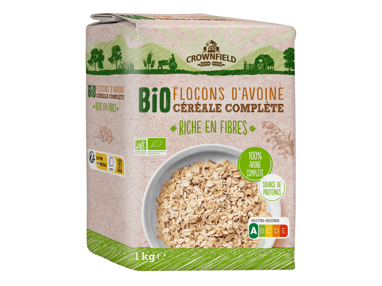 Flocons d'avoine bio, céréale complète, riche en fibres, avec Nutri-Score A.