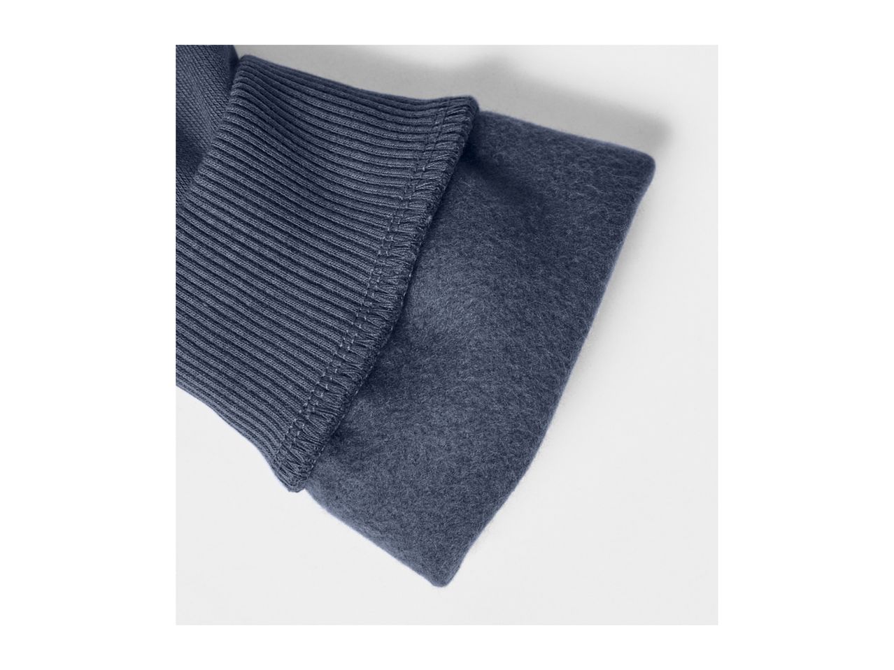 Close-up of a folded dark blue garment, showing ribbed and fuzzy textures.