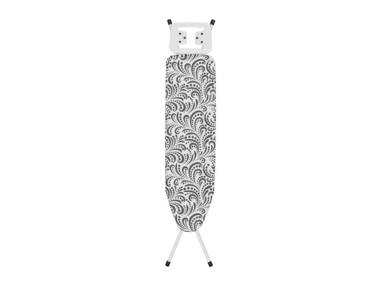 Ironing board with a grey and white patterned cover and an integrated iron rest