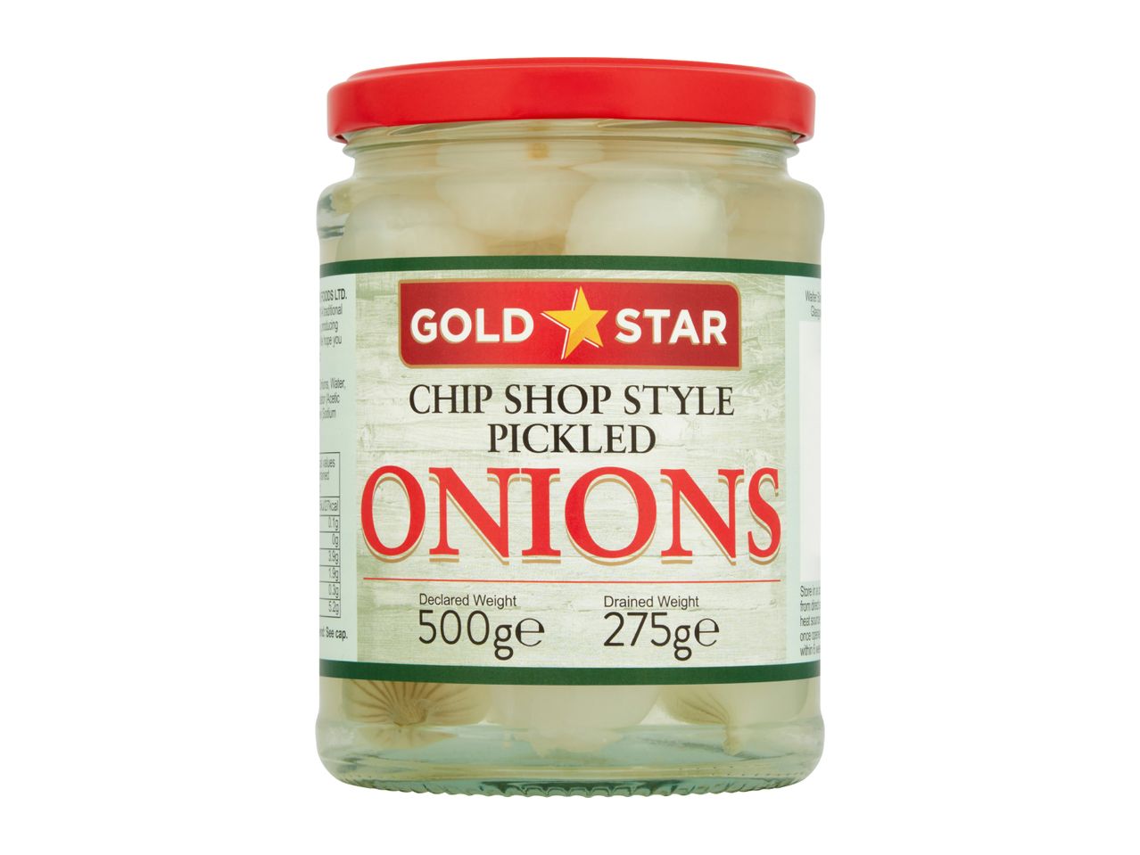 Gold Star Chip Shop Style Pickled Onions in a jar, 500g declared weight.