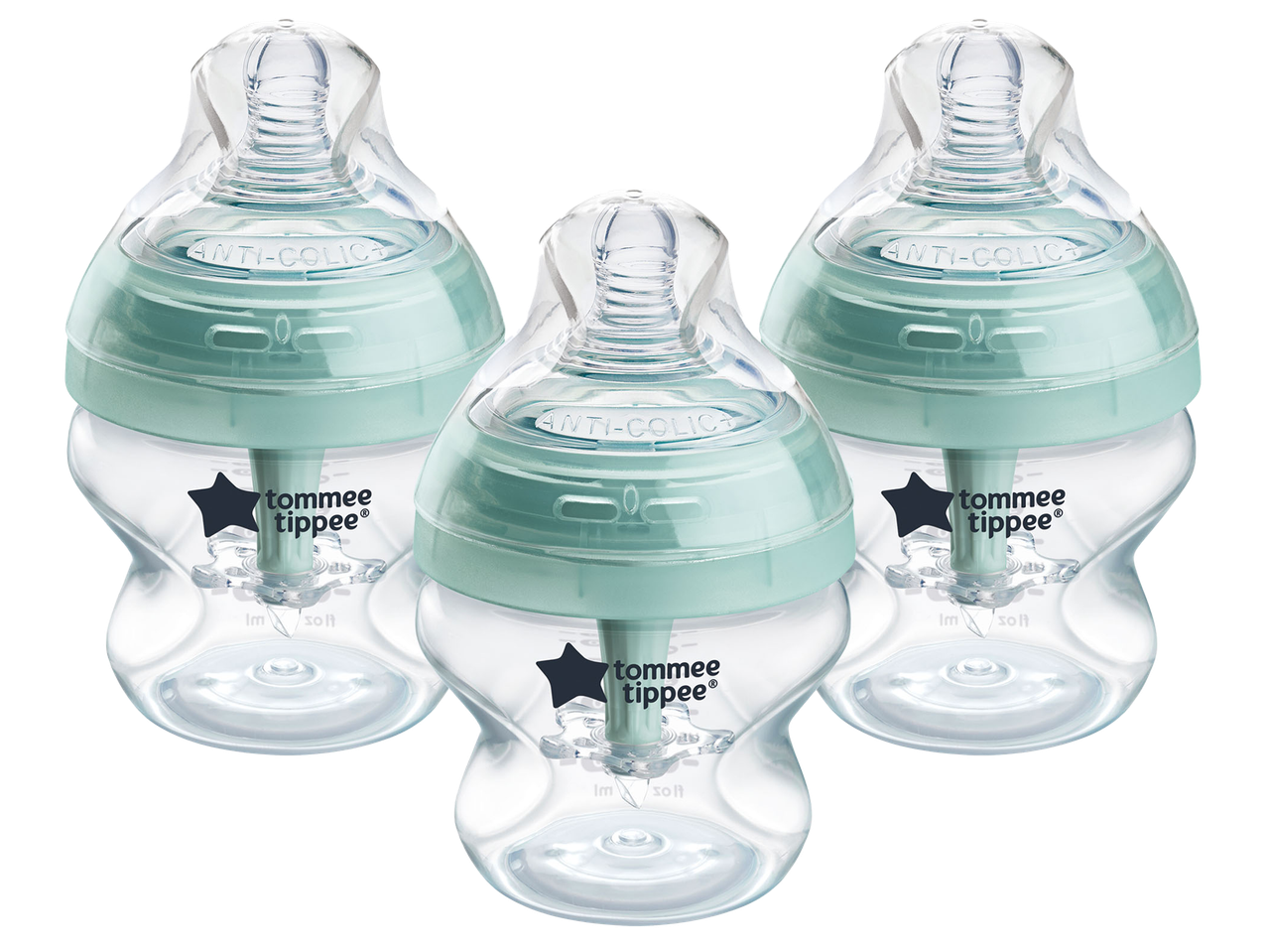 Three anti-colic baby bottles with light green components and clear bodies.