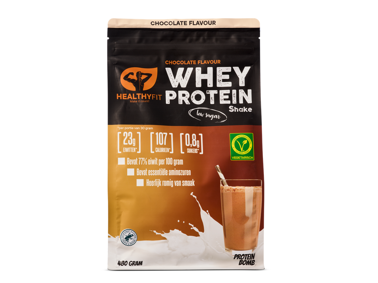 HealthyFit chocolade wei-eiwit poeder.