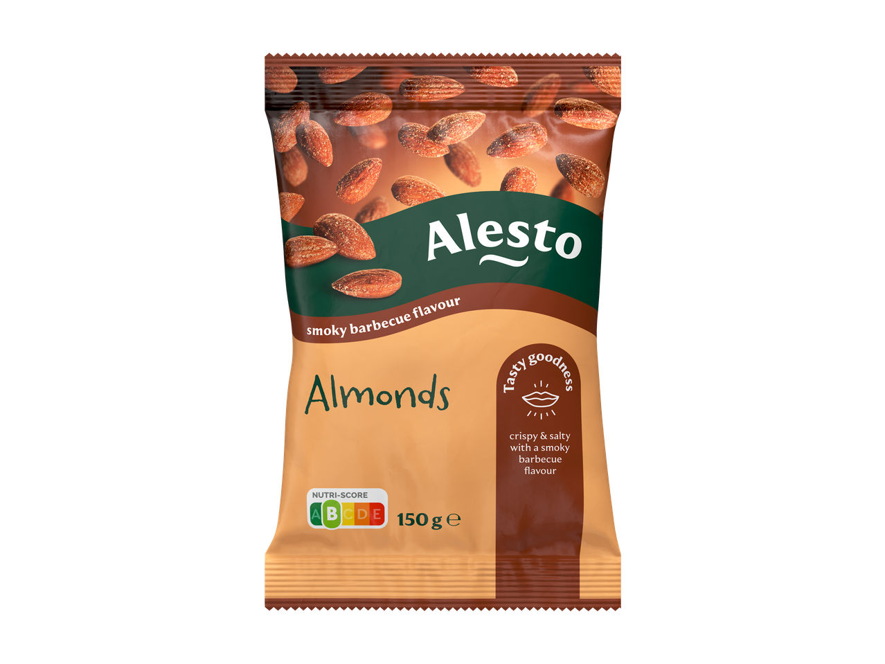 Alesto Amandelen met rokerige barbecuesmaak, 150g verpakking met Nutri-Score A.