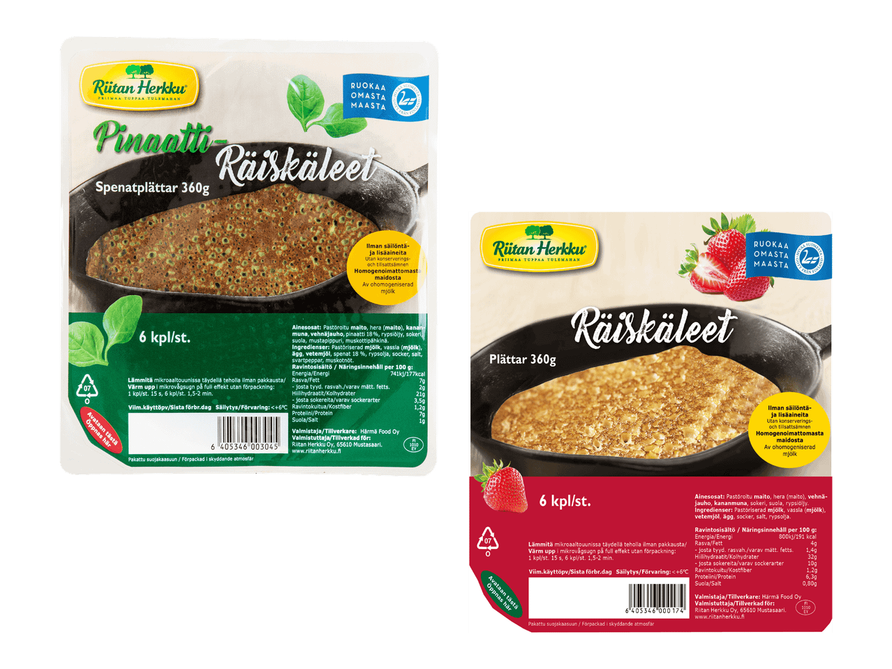 Kaksi pakkausta lettuja, toinen pinaattilettuja ja toinen makeita lettuja.