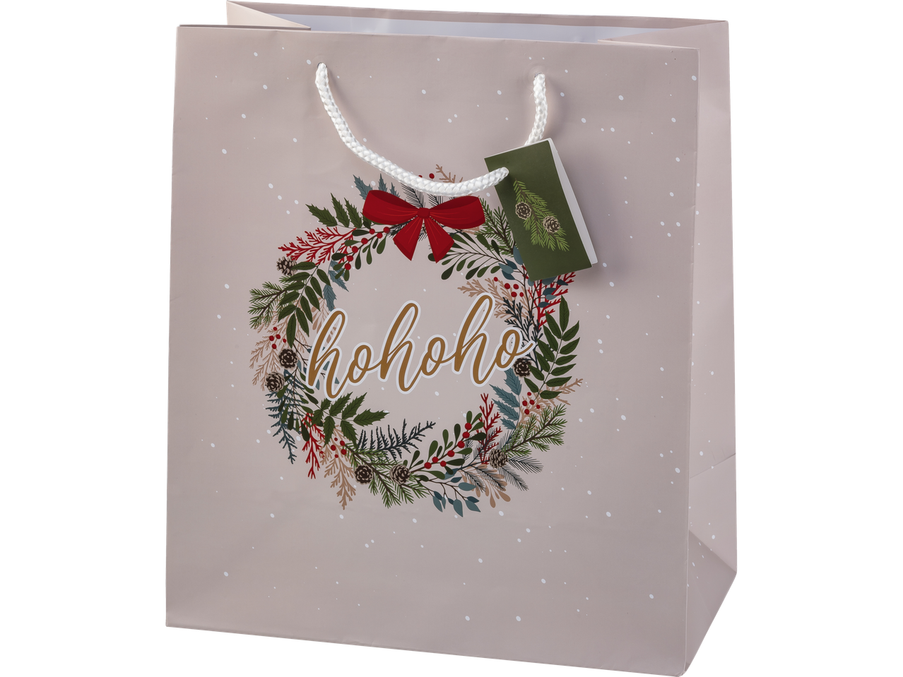 Crelando® dovanų maišelis su kalėdiniu vainiku ir užrašu „hohoho“.